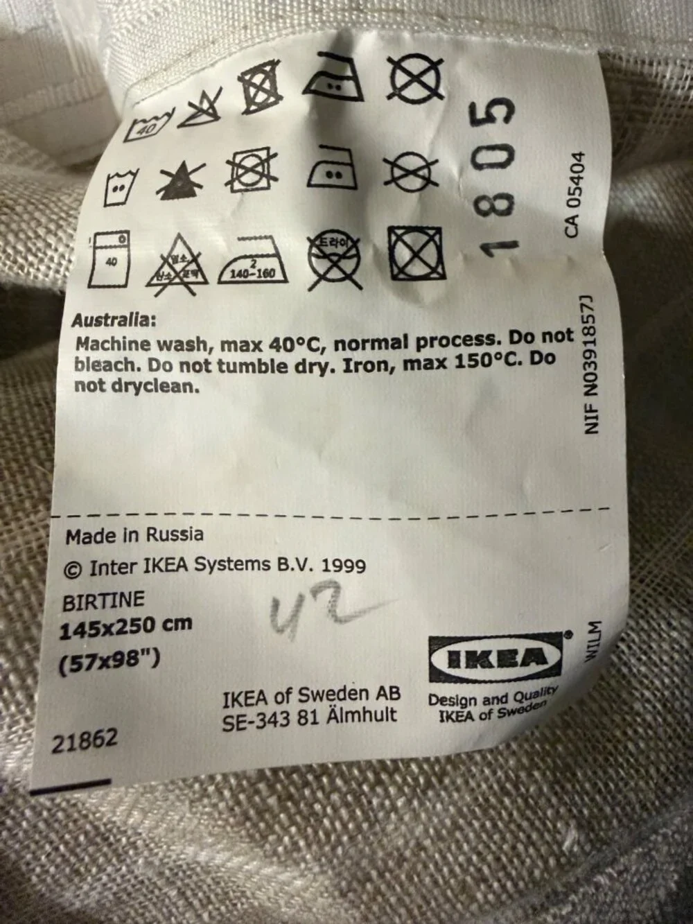 Ikea Birtine Beige Stripe 100% Linen Curtain Panel 57